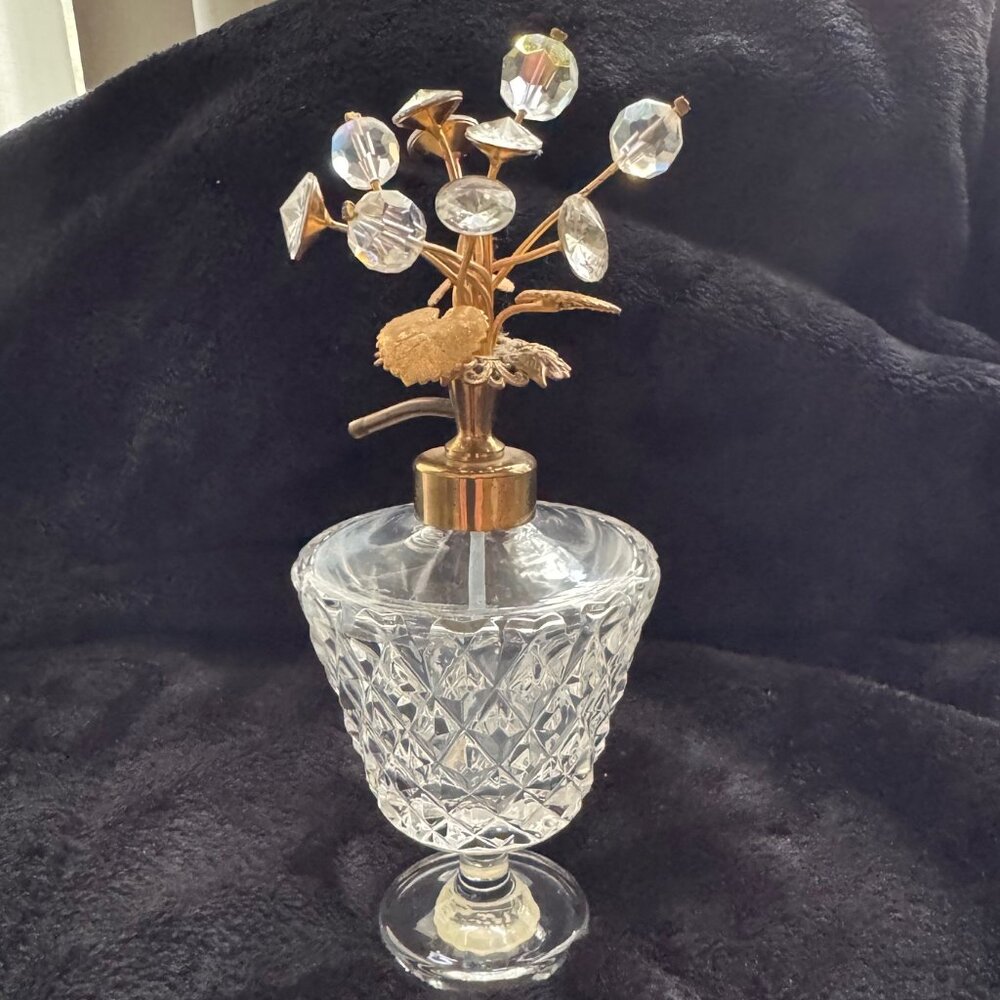 Antique Irice Crystal Perfume Bottle West Germany Rhinestone Beads Flower Gold